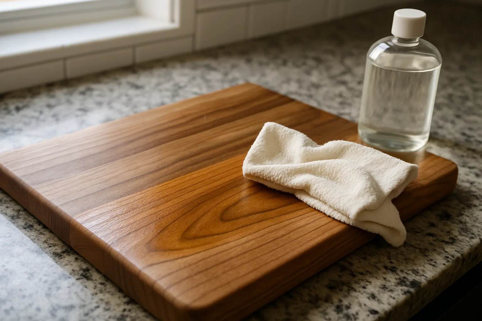 A teak cutting board with a cloth and a bottle of mineral oil for conditioning