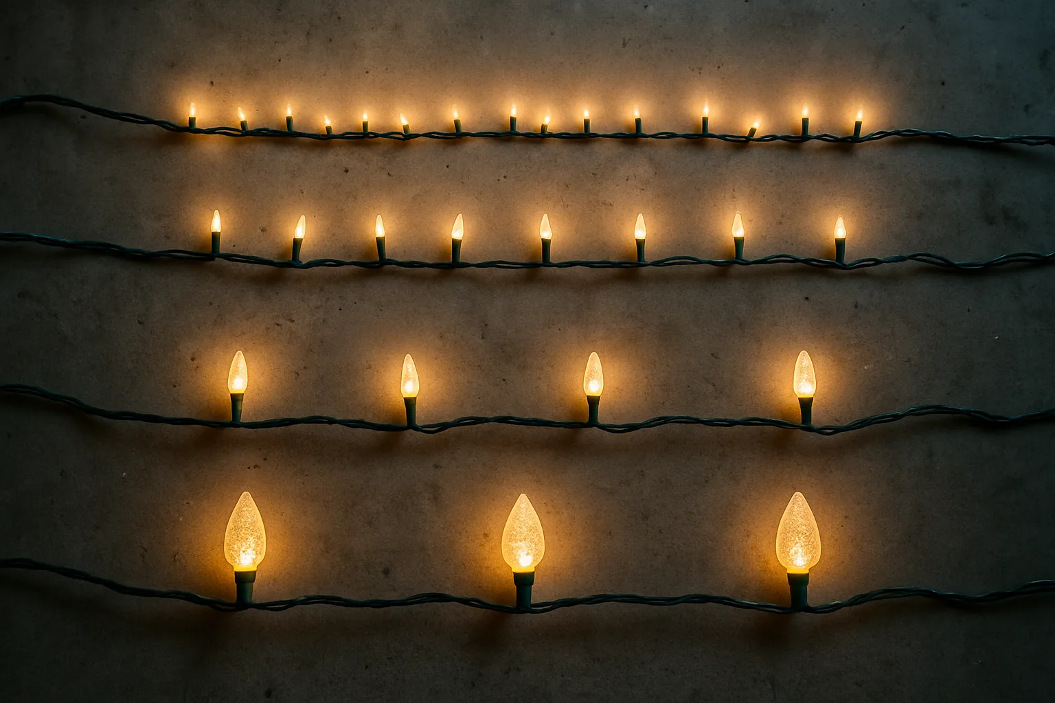 Four strands of warm white LED Christmas lights in different bulb sizes laid side by side on a concrete garage floor