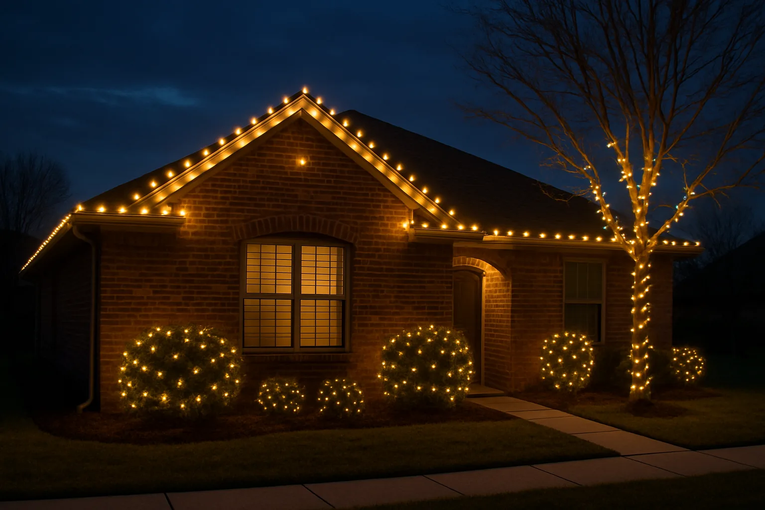 Brick house at dusk with large warm white bulbs outlining the roofline and smaller lights on front shrubs and a tree trunk