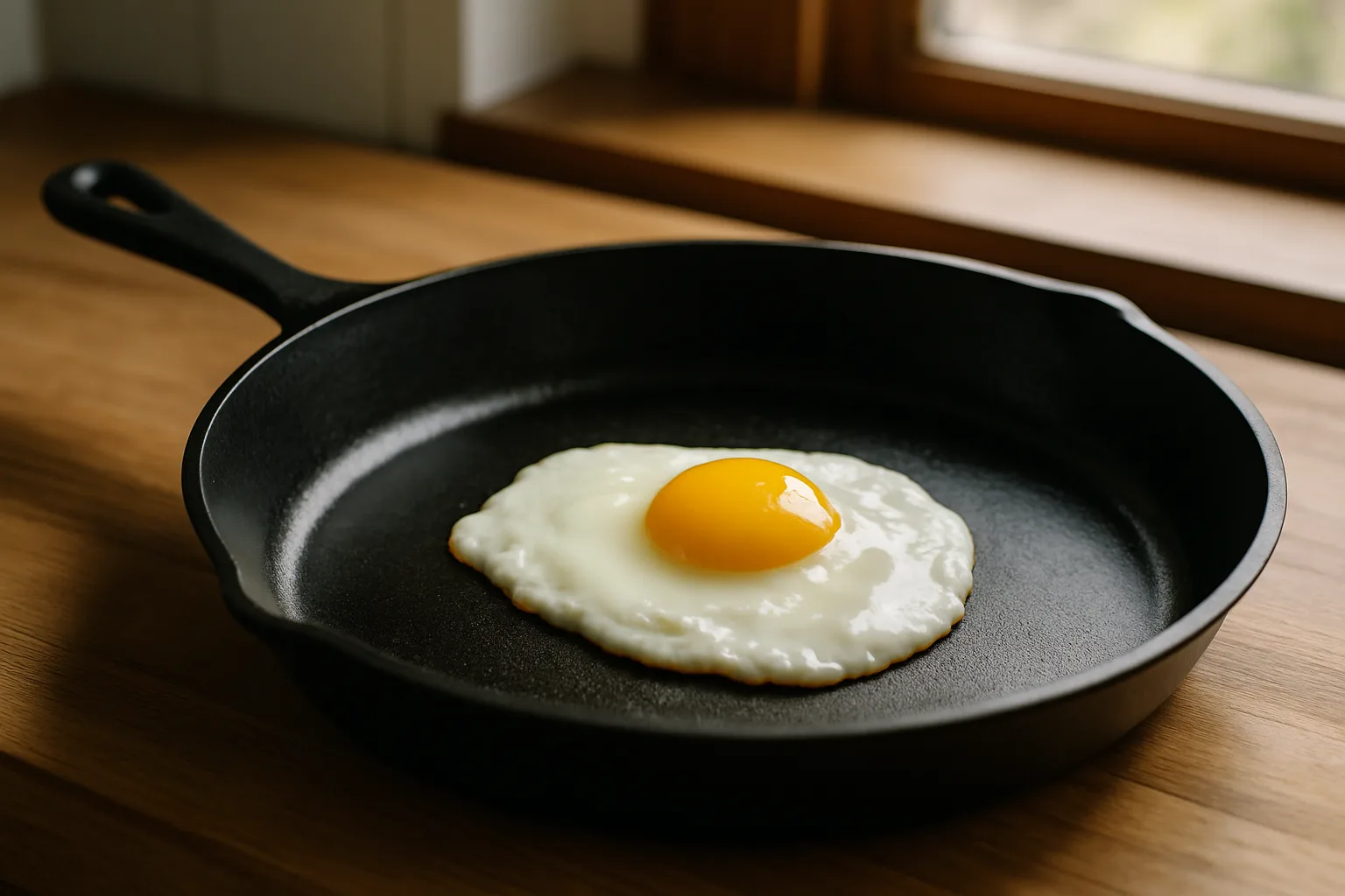 A fried egg resting on the smooth black cooking surface of a seasoned cast iron skillet on a wooden counter