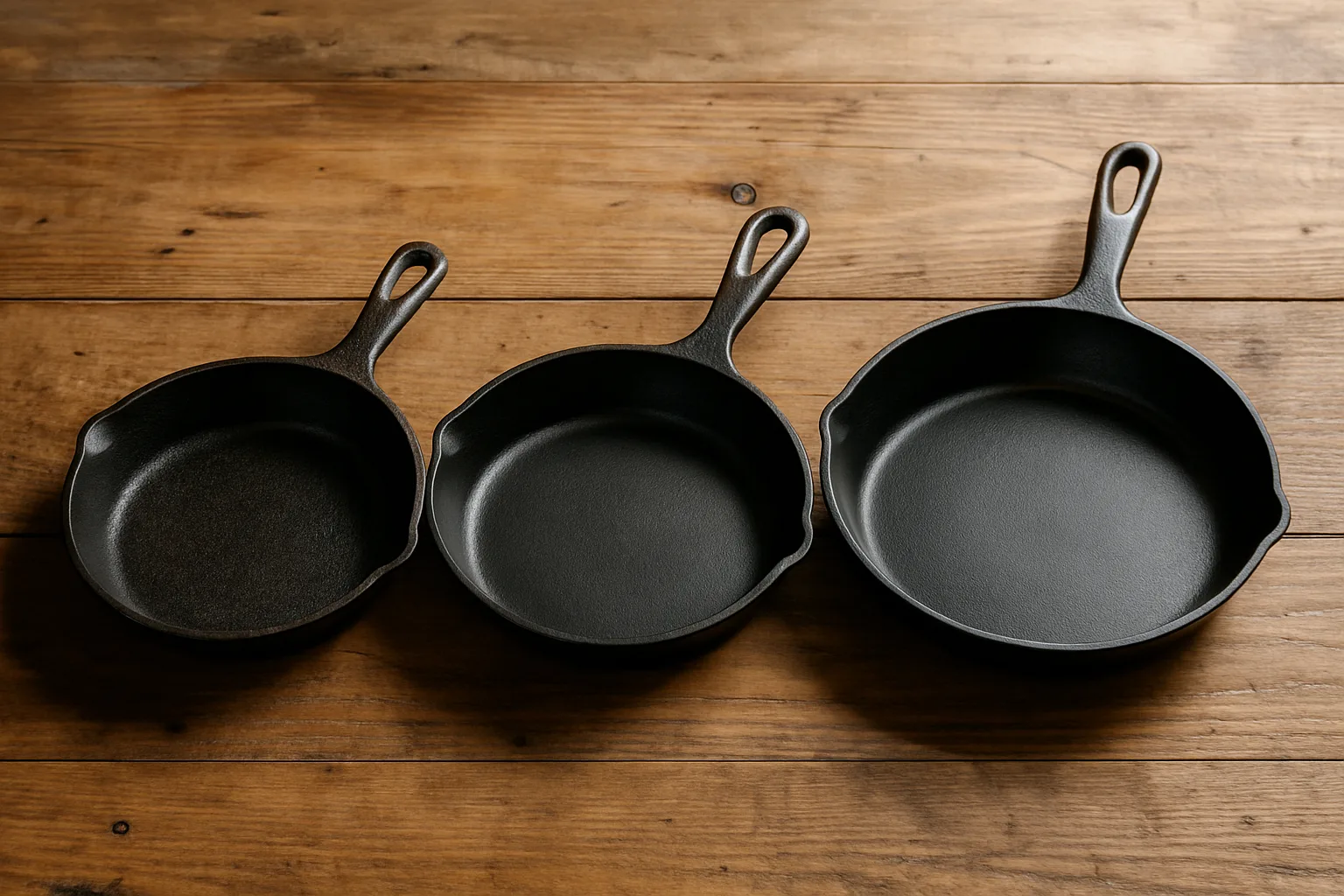 Three cast iron skillets with rough and polished finishes lined up on a rustic wooden table