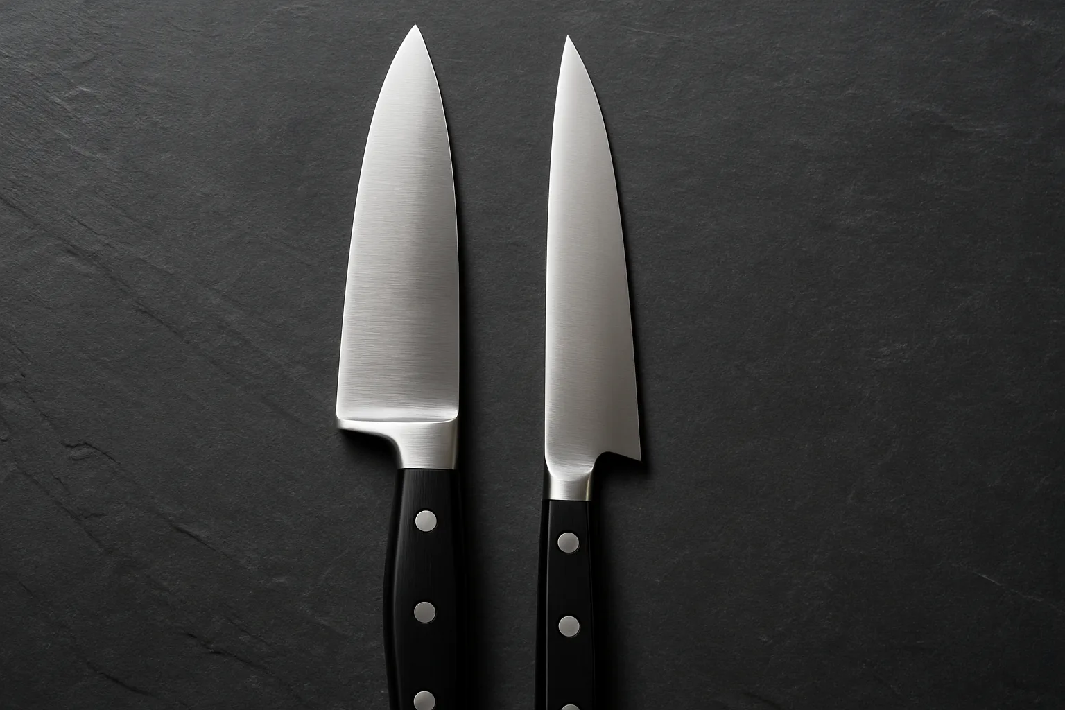 Heavier German-style chef knife with a bolster next to a thinner Japanese-style gyuto on slate