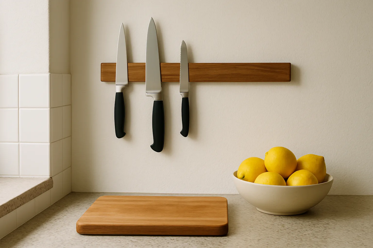Chef knife, paring knife and bread knife on a wooden magnetic strip above a kitchen counter
