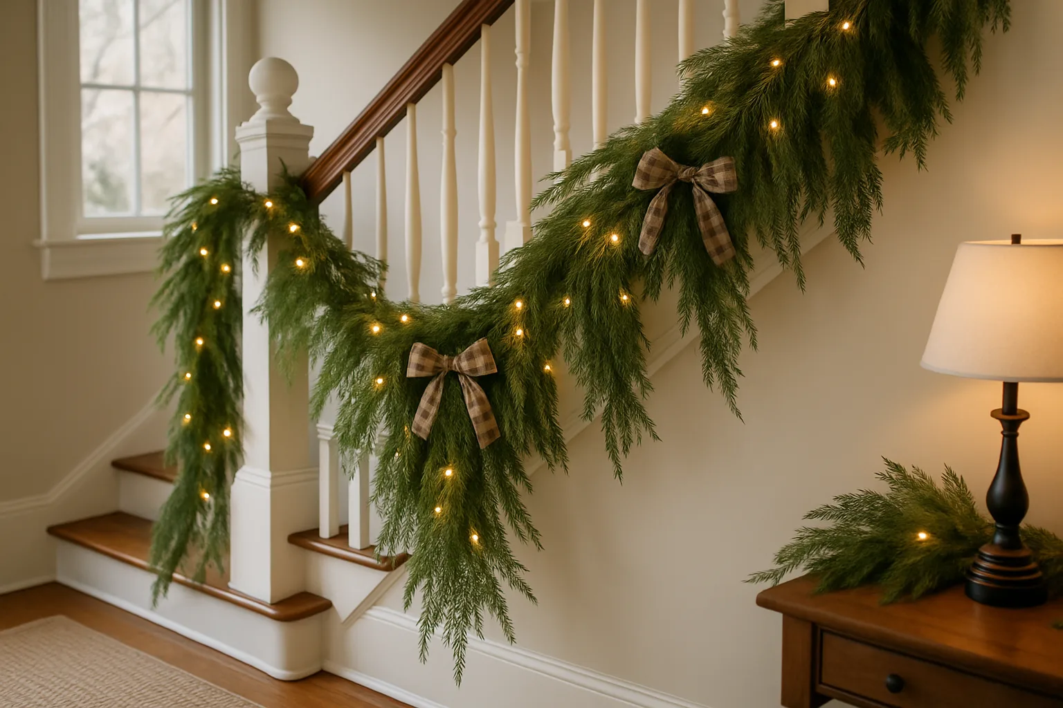 White staircase banister wrapped in a draping artificial cedar garland with warm white lights and plaid ribbon