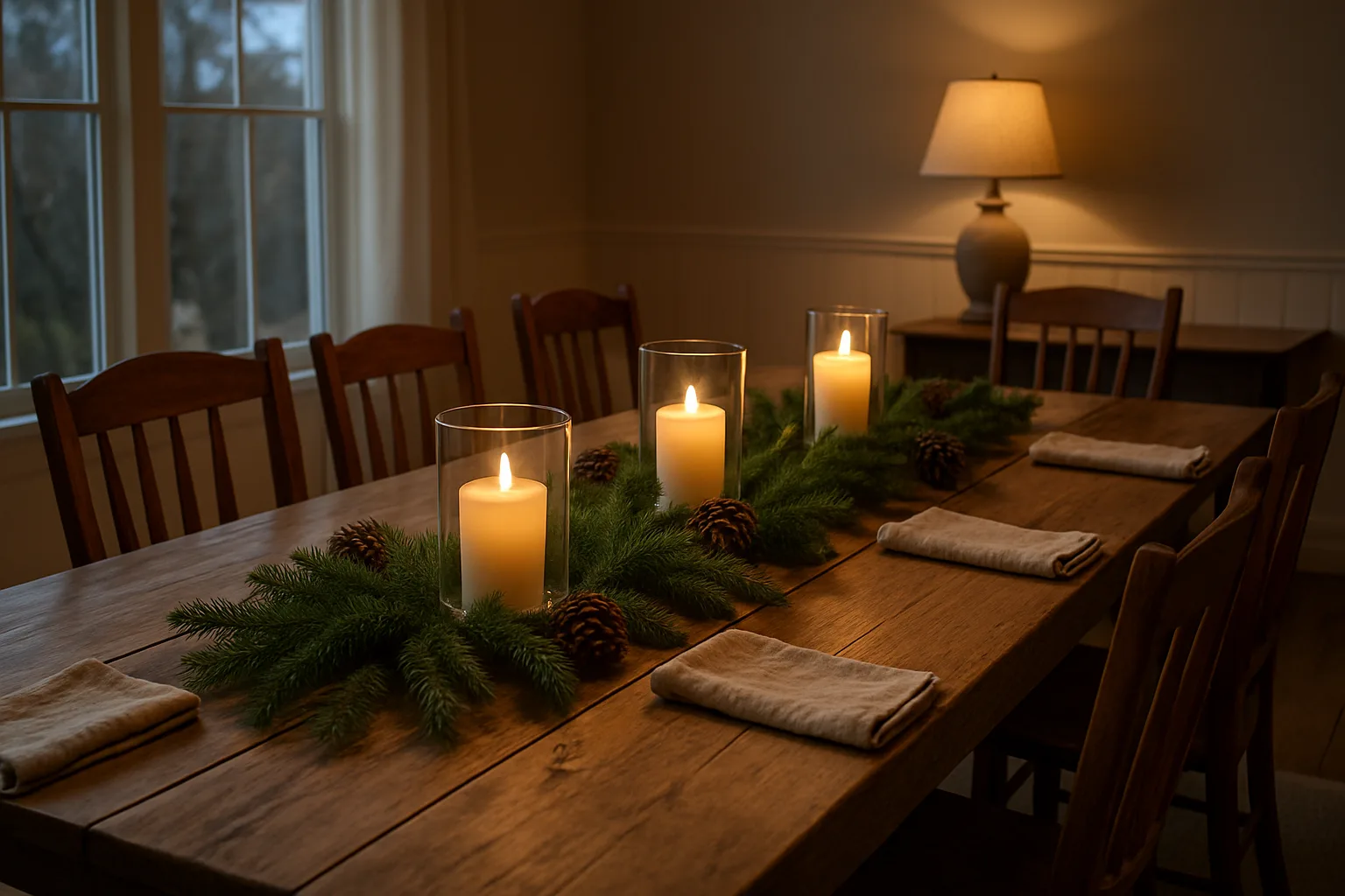 Slim pine garland running down a farmhouse dining table with cream flameless pillar candles in glass hurricanes