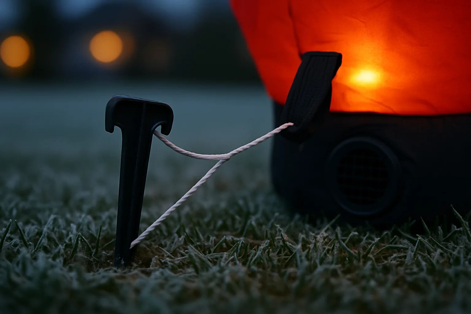 Ground stake and tether rope anchoring the base of a lit Christmas yard inflatable on a frosty lawn