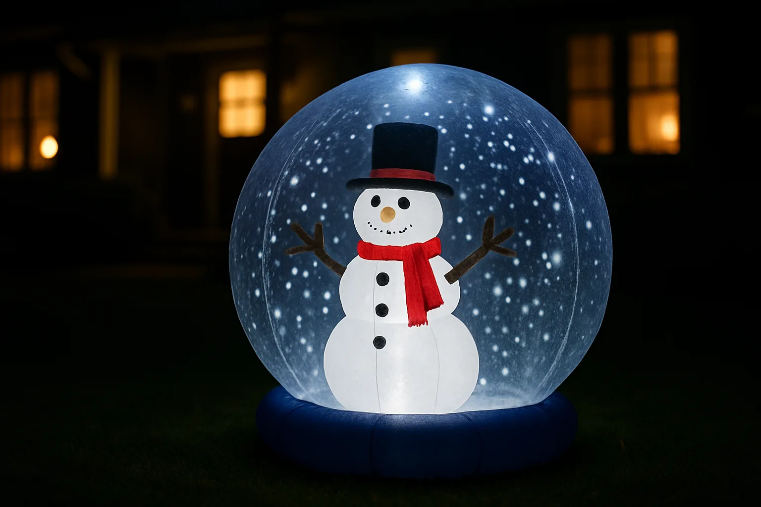 Inflatable snow globe glowing on a front lawn at night with white flakes swirling inside