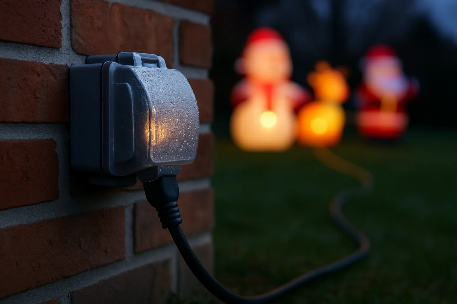 Outdoor extension cord plugged into a covered weatherproof outlet with glowing yard inflatables in the background