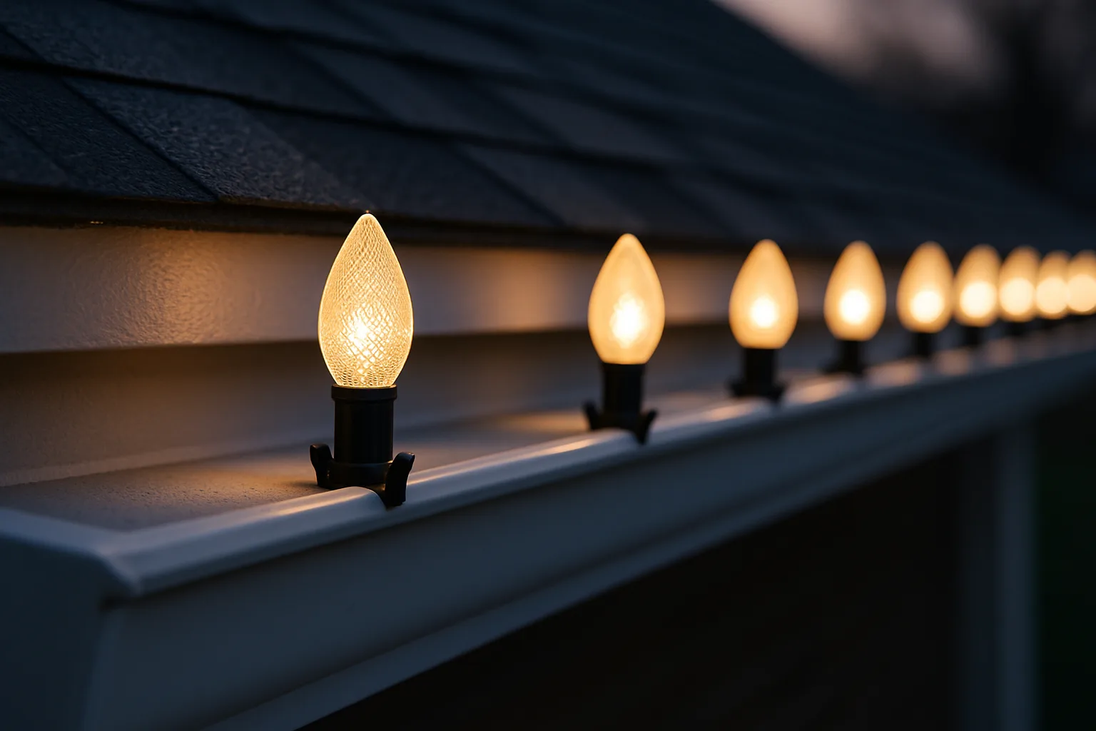 Close-up of a white gutter edge with small black clips holding a row of C9 bulbs straight up at even spacing