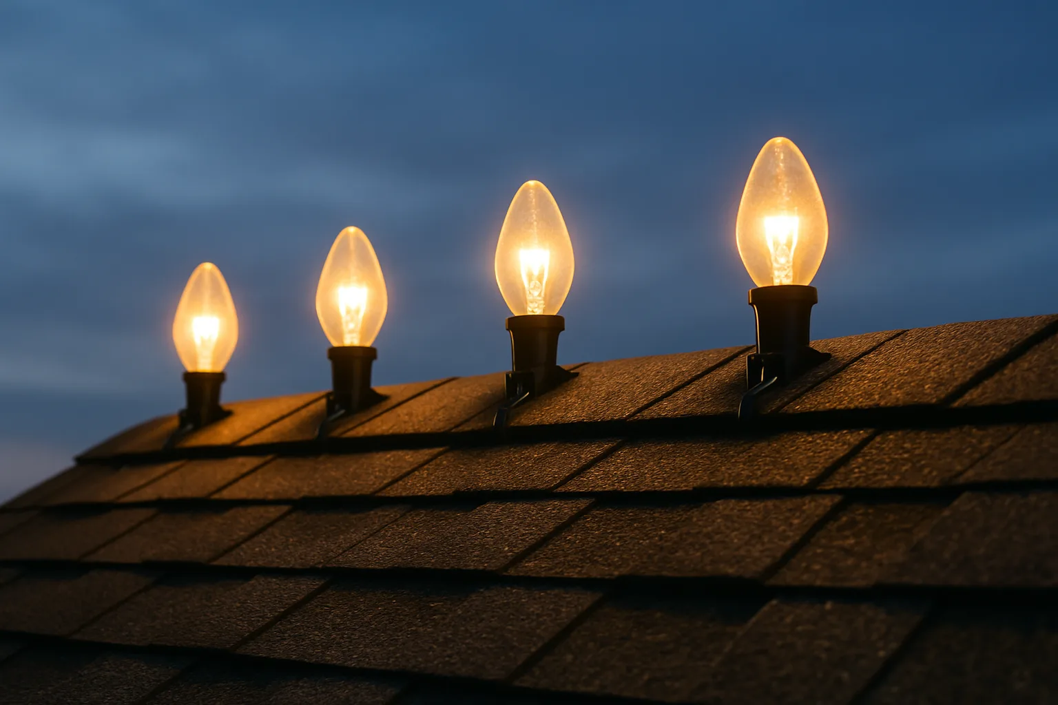 Black clips along an asphalt shingle roof ridge holding warm white C9 bulbs upright at even spacing