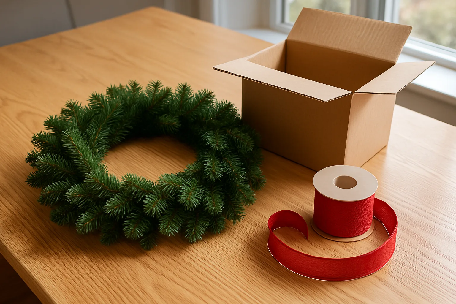 Fully fluffed artificial pine wreath on an oak kitchen table next to its open shipping box and a roll of red wired ribbon