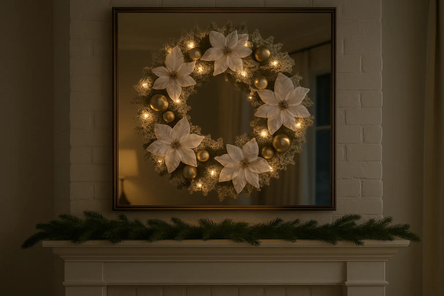 White and gold pre-lit Christmas wreath with gold ornaments and white poinsettias hanging on a mirror above a brick fireplace mantel