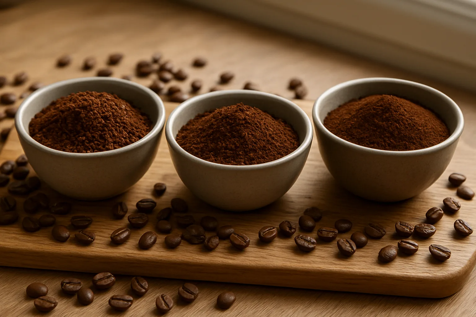 Freshly ground coffee in three small bowls on a wooden board with whole beans scattered around