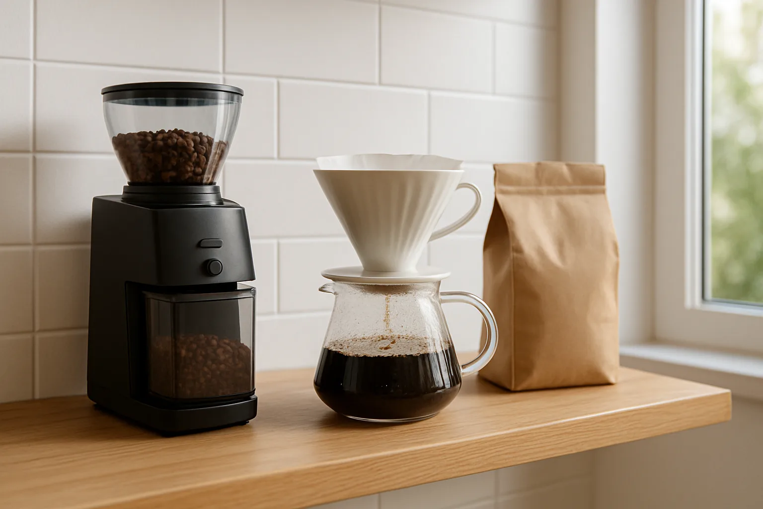 A home coffee bar with a burr grinder, a pour-over dripper on a glass carafe and a bag of beans on a wooden shelf