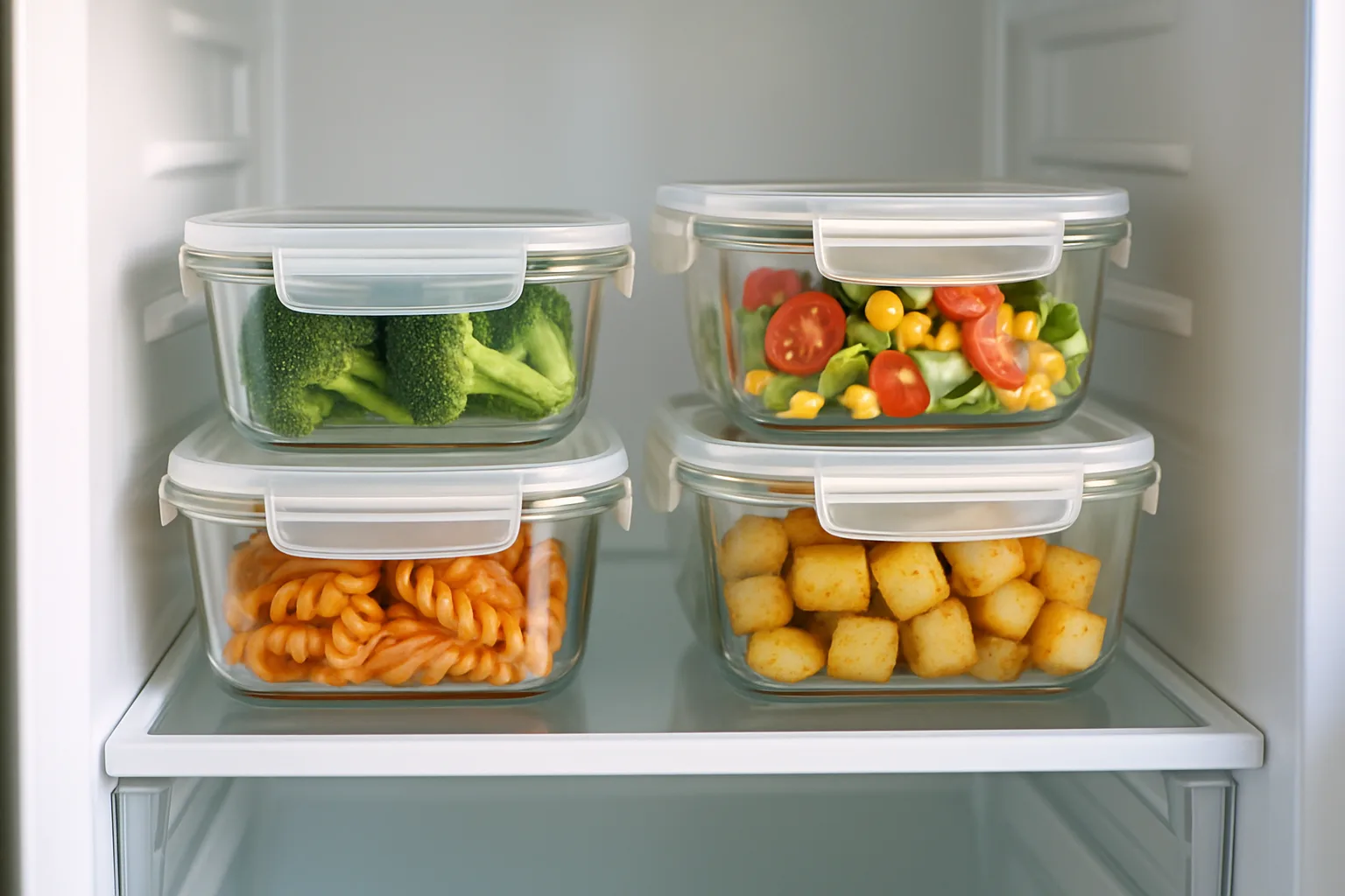 Glass food storage containers with locking lids on a refrigerator shelf