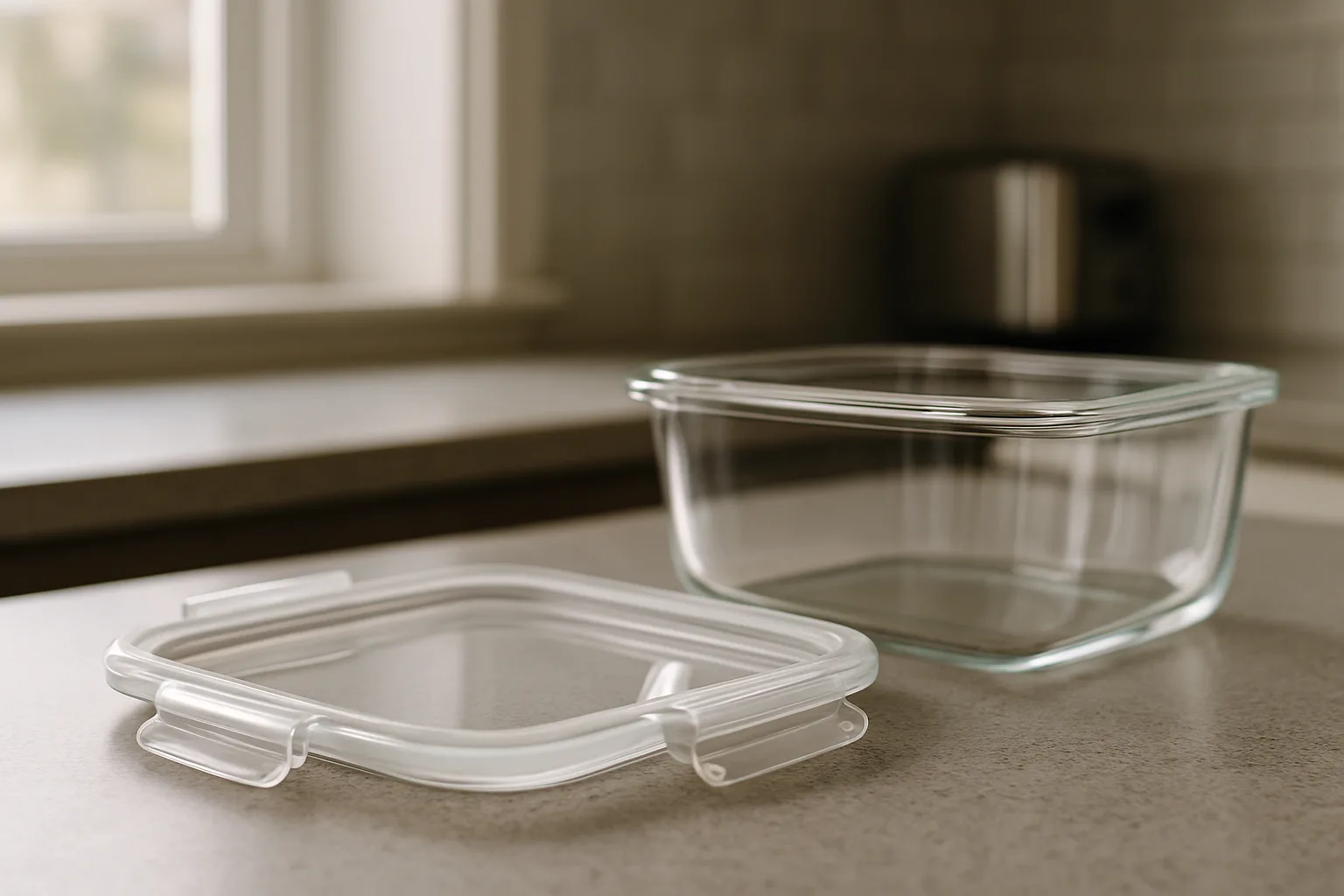 A latching lid set beside an empty glass food storage container
