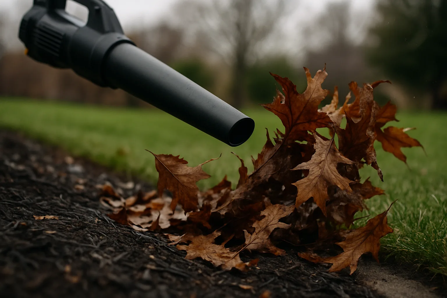 Close-up of a cordless leaf blower's tapered nozzle lifting wet, matted leaves out of a mulch bed beside a lawn