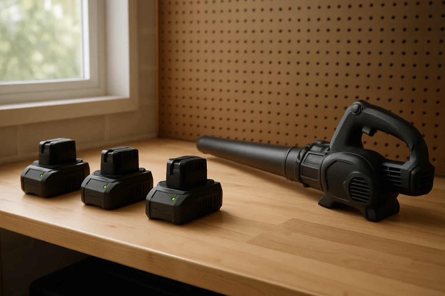 Three cordless tool batteries on chargers on a garage workbench beside a handheld battery leaf blower