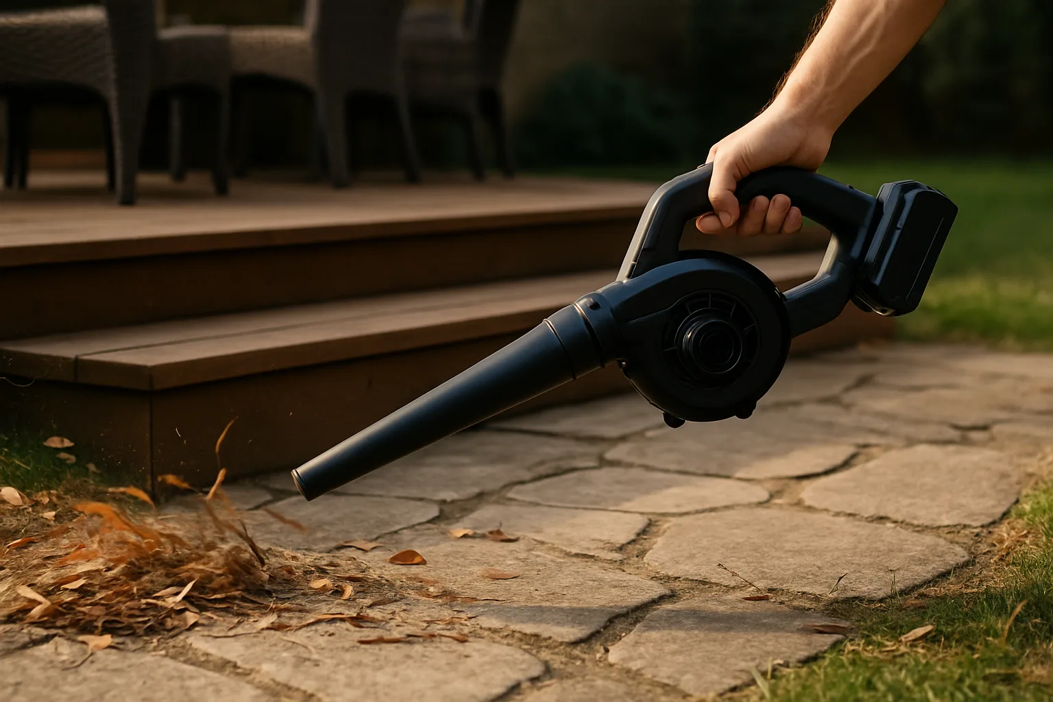 Lightweight cordless blower clearing dry leaves and grass clippings off a backyard stone patio and deck steps