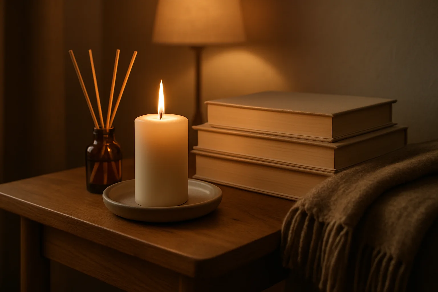 Side table at night with a lit pillar candle on a ceramic tray, an amber glass reed diffuser, a stack of books and a folded wool throw