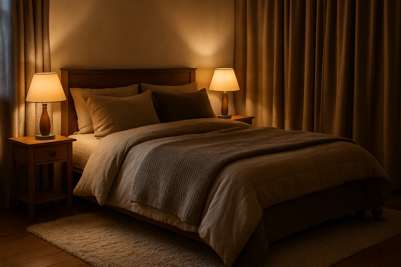 Bedroom layered for winter with a duvet, waffle-knit blanket, quilt, two warm bedside lamps and a thick wool rug