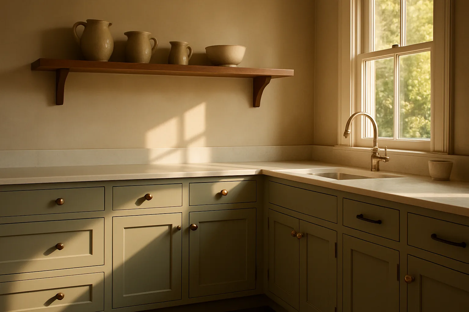 Kitchen with sage green shaker inset cabinets, brass knobs and bronze pulls, walnut open shelf and warm afternoon light