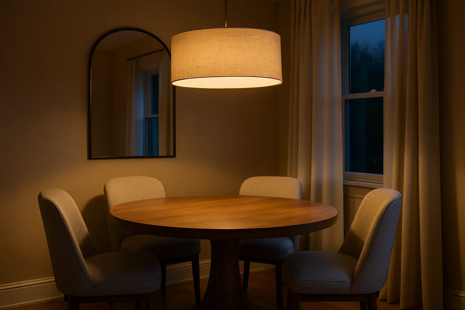 Dining nook with a round wood table under a fabric drum pendant, a segmental-arch wall mirror and linen curtains in the evening