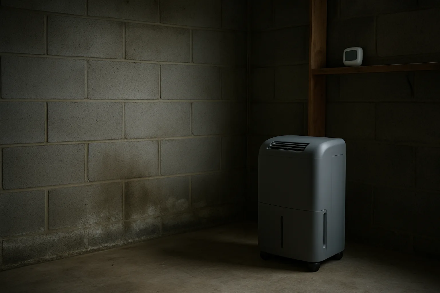 Unfinished basement corner with a damp concrete block wall and a portable dehumidifier on the floor