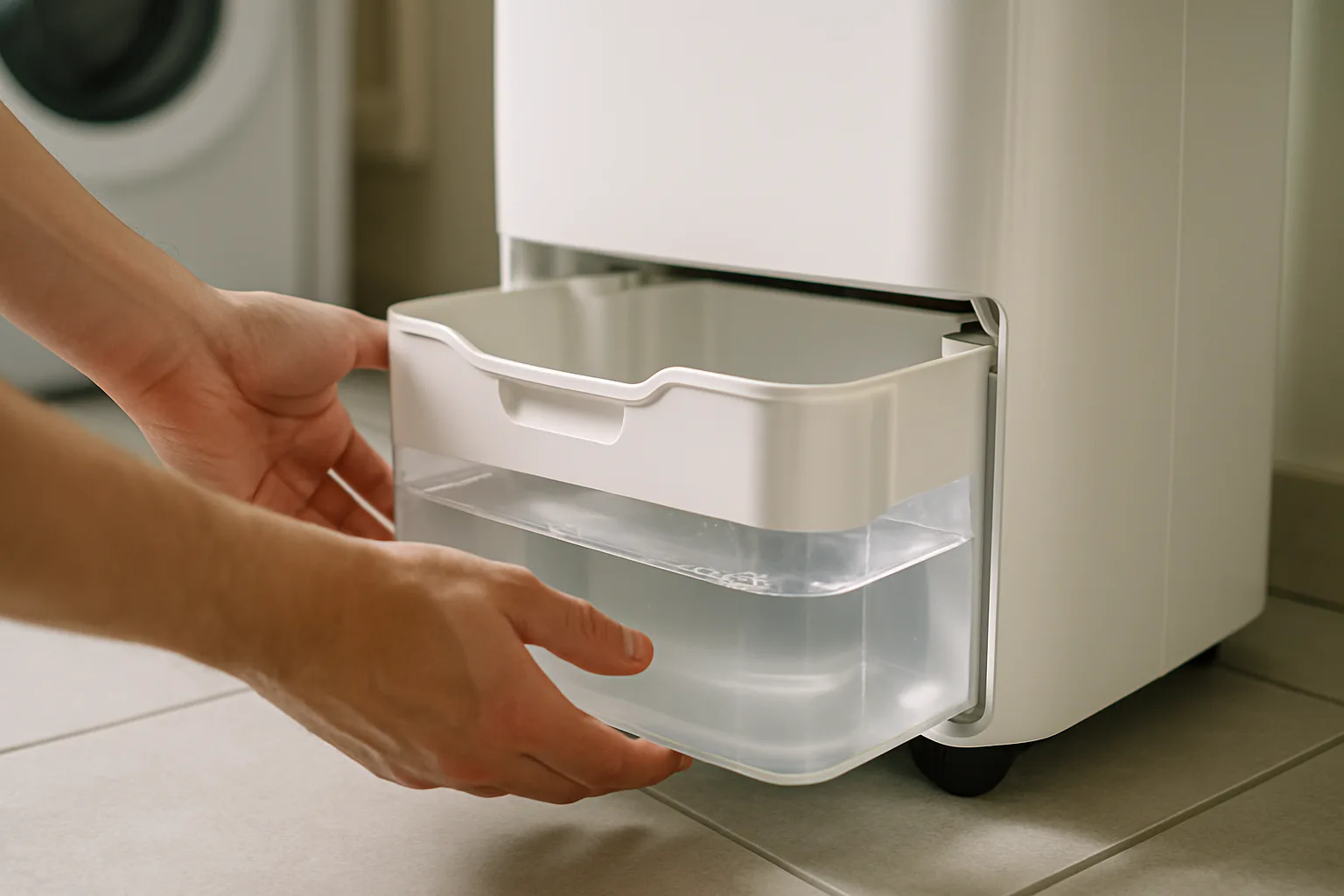 Hands sliding a water bucket out of the front of a white dehumidifier in a laundry room