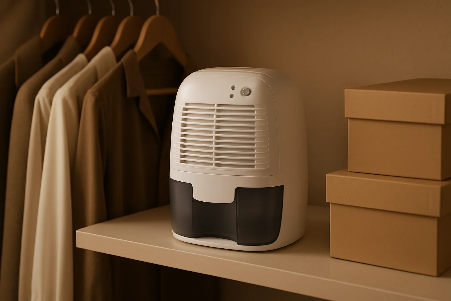 Compact white dehumidifier on a shelf in a walk-in closet next to hanging clothes and storage boxes
