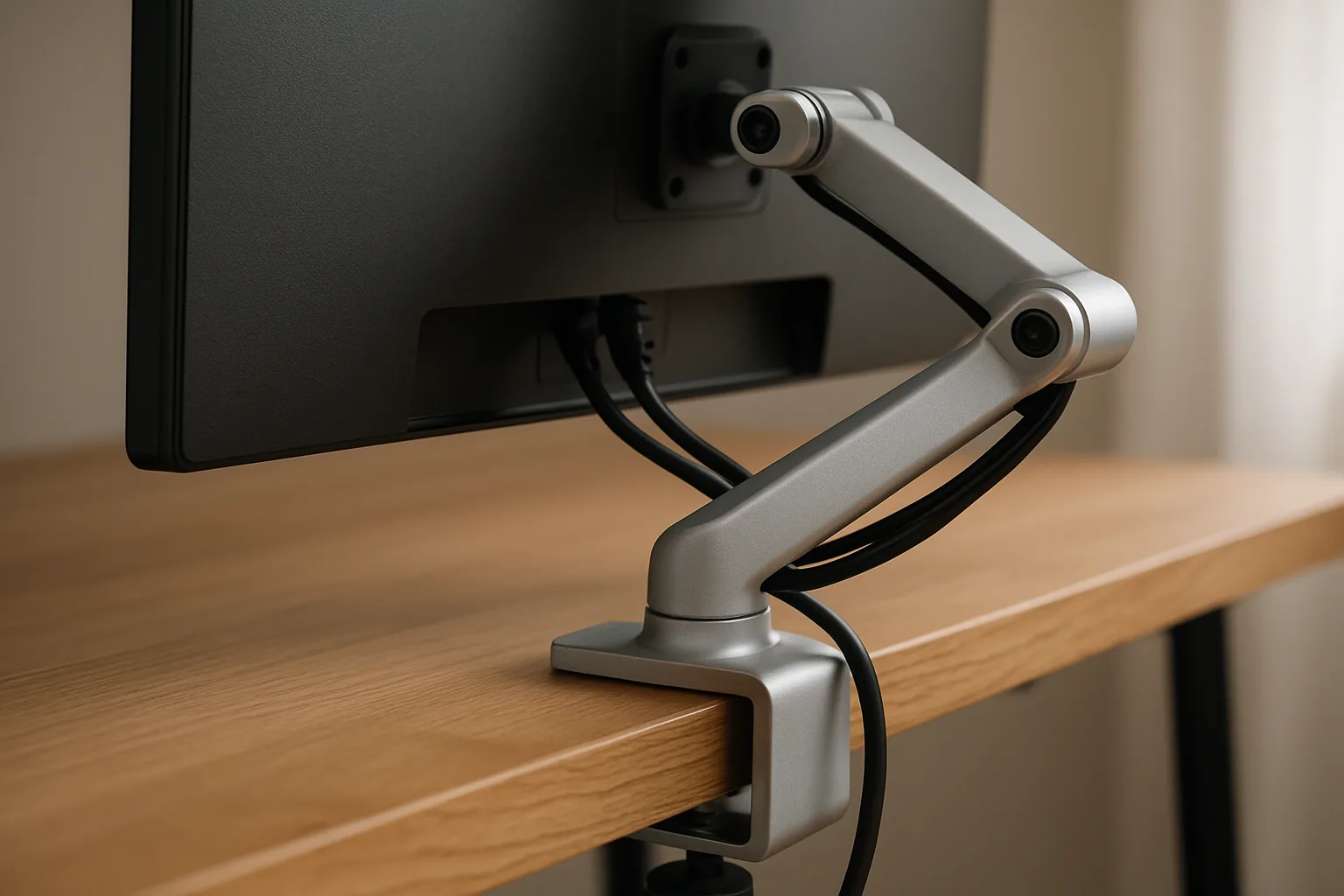 Articulating monitor arm clamped to the back edge of a desk with cables routed through the arm