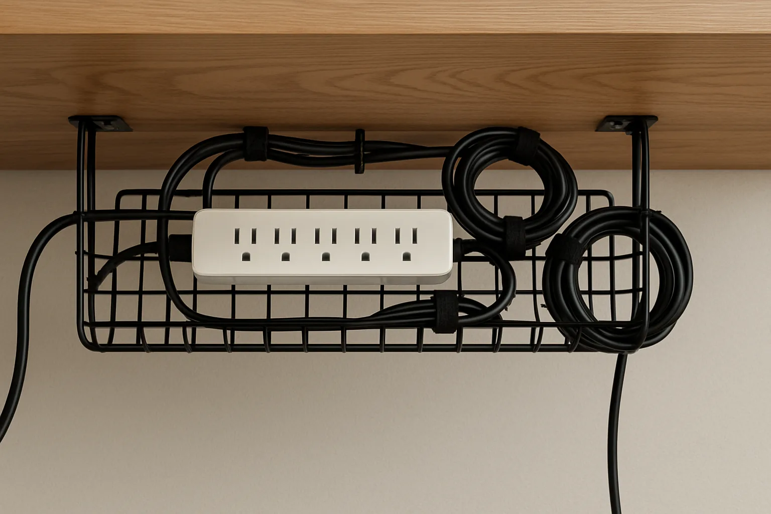 Wire cable management tray under a wooden desk holding a power strip and bundled cables