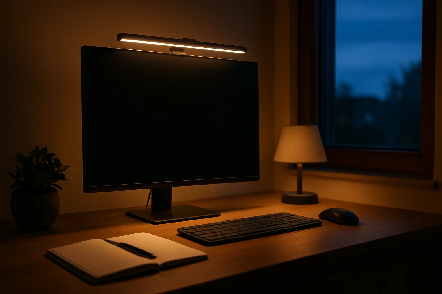 Slim LED light bar clipped to the top of a monitor casting warm light onto a desk at dusk