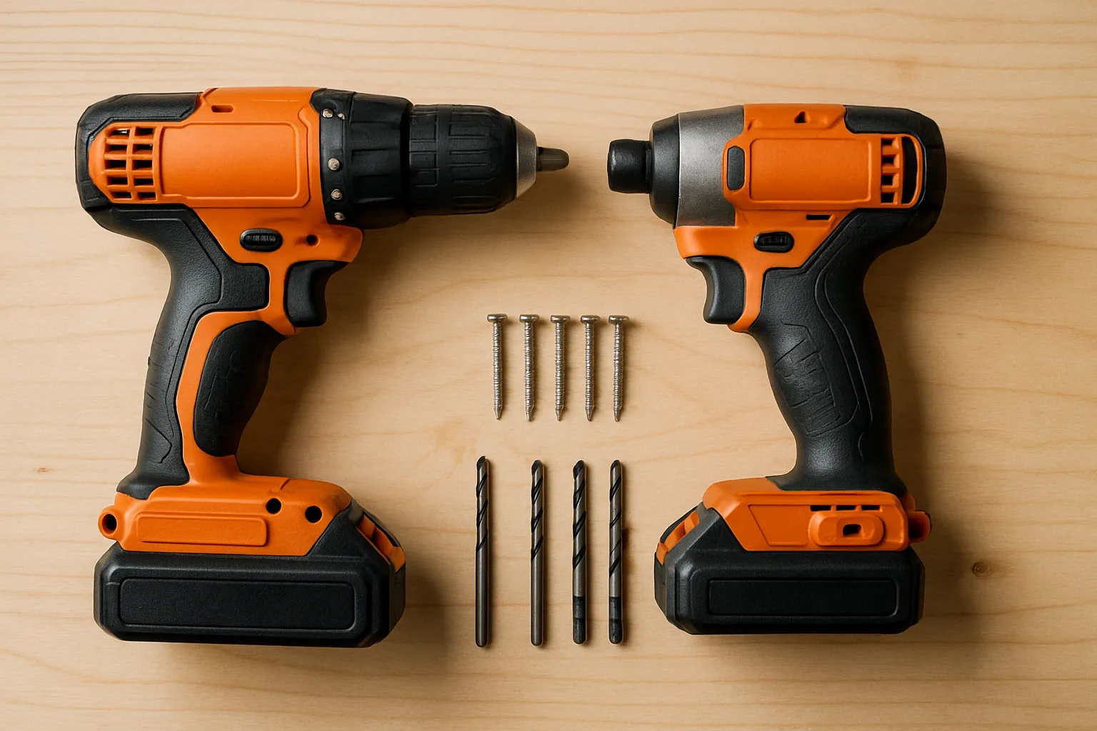 An unbranded cordless drill and a shorter impact driver lying side by side on a wooden workbench with a few screws and drill bits