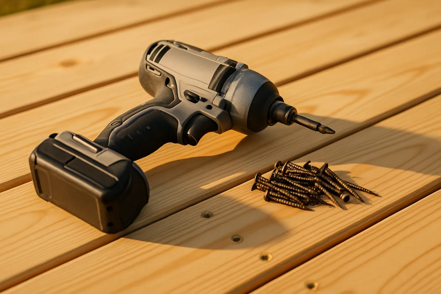 A cordless impact driver resting on new pine deck boards beside a pile of coated deck screws, with several screws driven flush