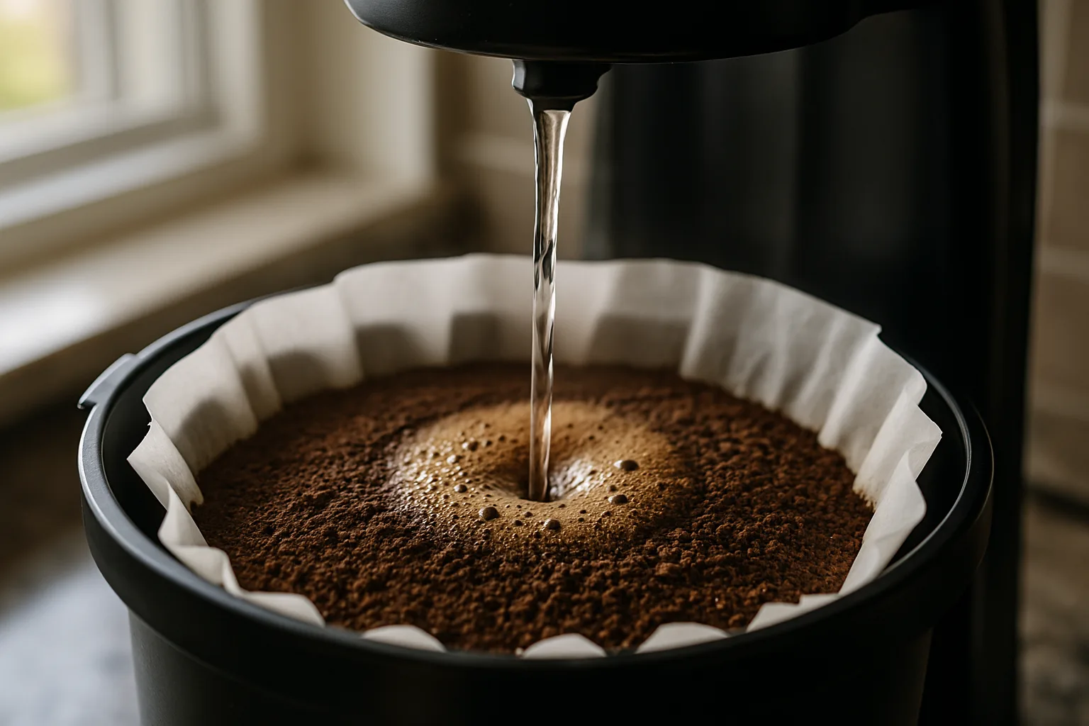 Hot water pouring onto fresh coffee grounds in the paper filter of a drip coffee maker
