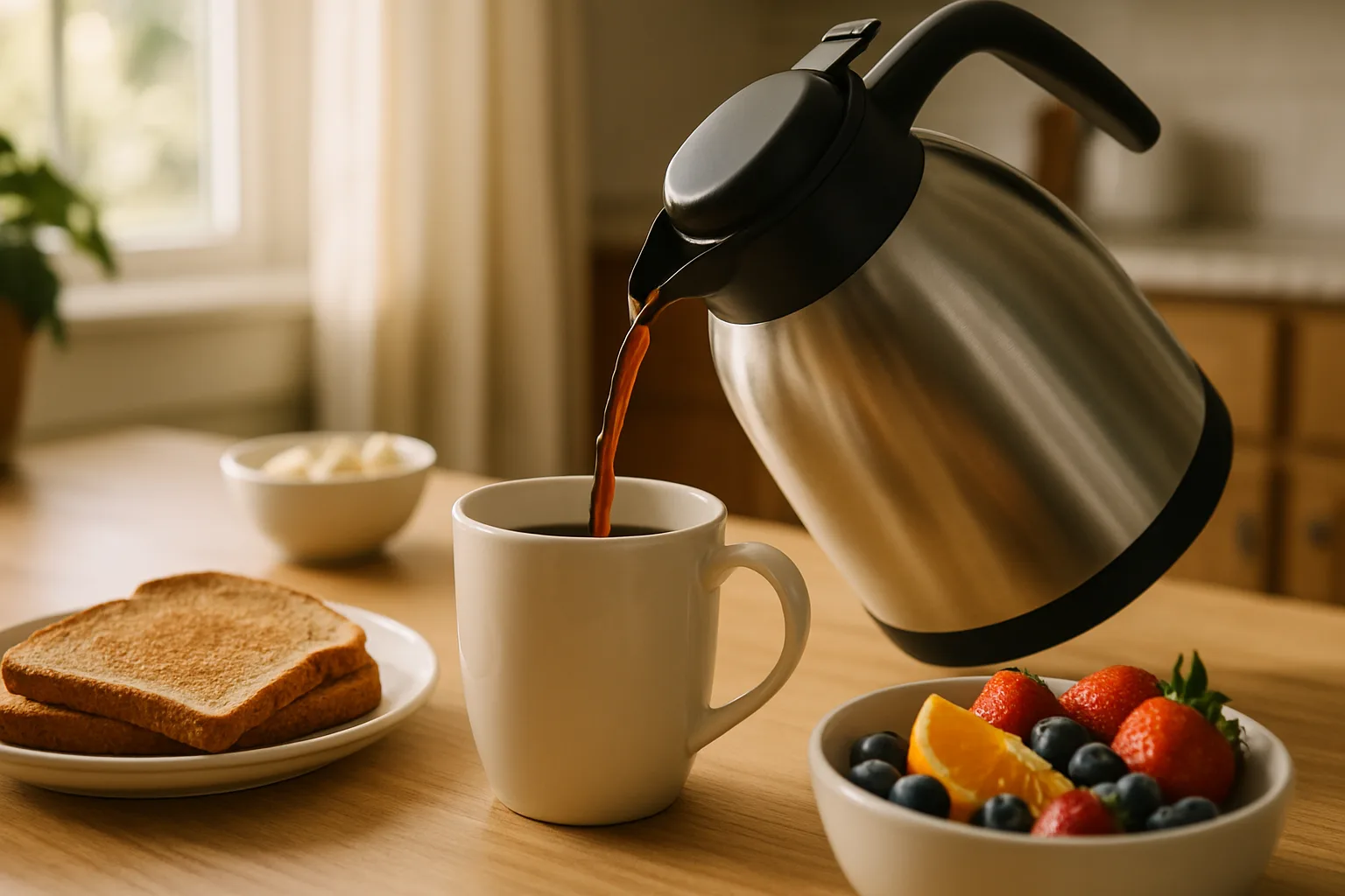 A stainless thermal carafe pouring coffee into a mug at a breakfast table with toast and fruit