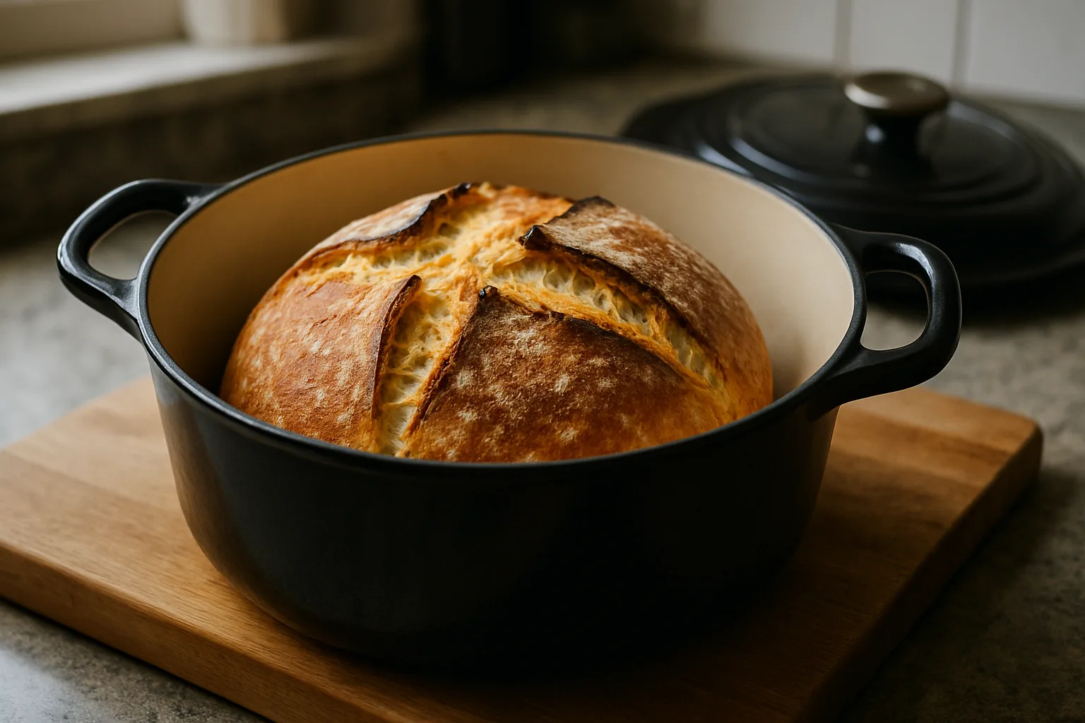 A crusty round loaf of bread inside an open dark enameled cast iron Dutch oven on a wooden board