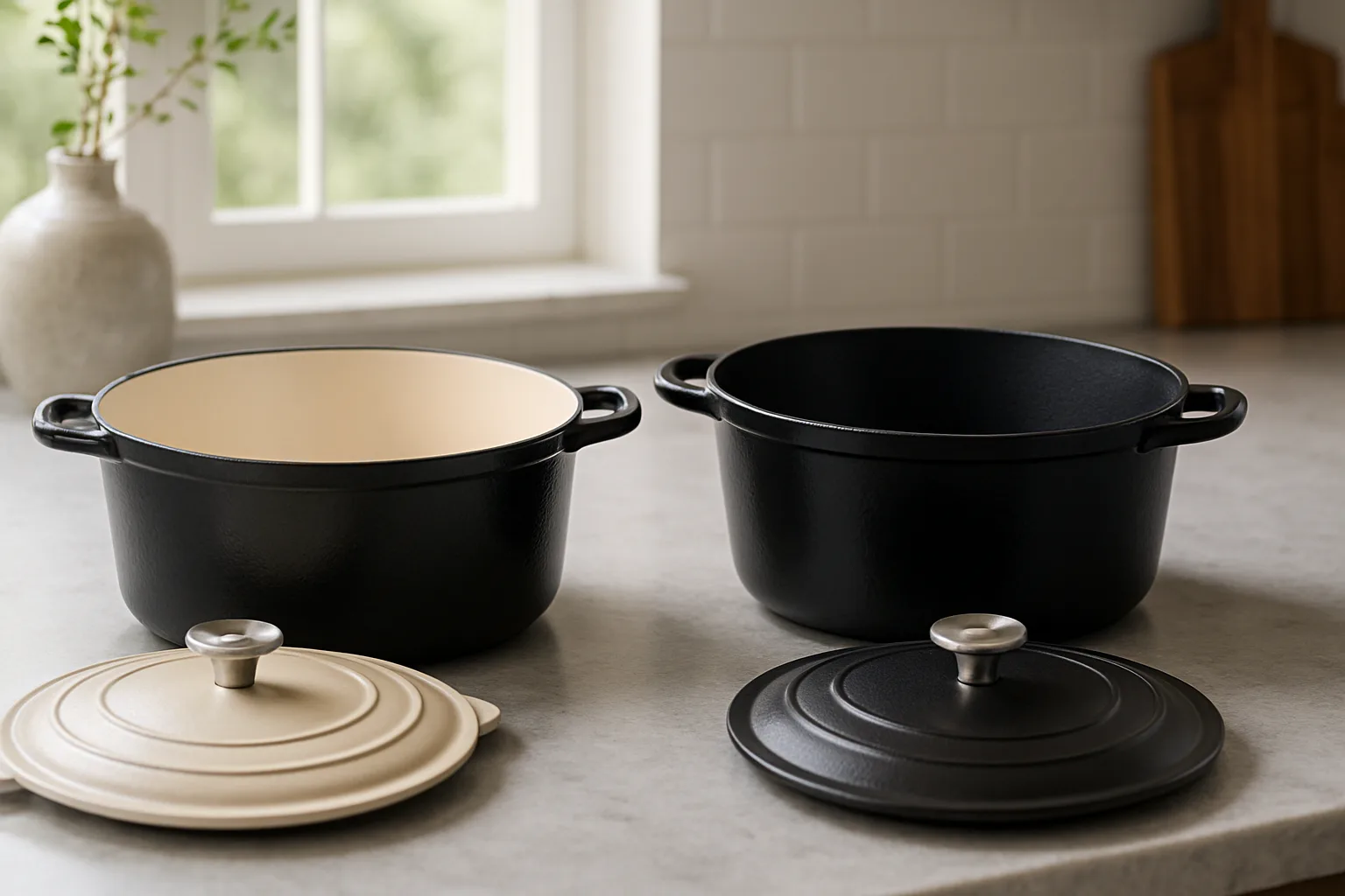 Two enameled cast iron Dutch ovens side by side, one with a light cream interior and one with a matte black interior
