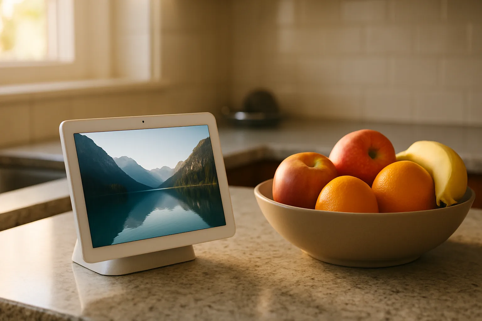 White smart home touchscreen on a desk stand on a kitchen counter showing a mountain lake photo beside a fruit bowl