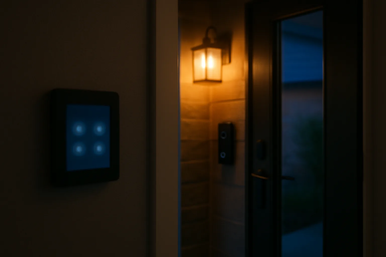 Entryway at dusk with a video doorbell by the front door and a small wall-mounted touchscreen panel glowing in the foreground