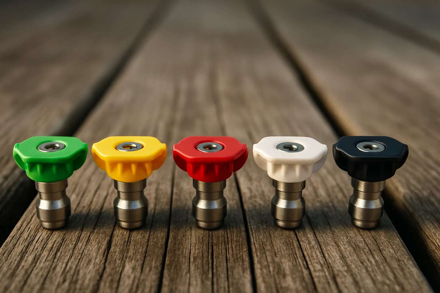 Five color-coded quick-connect pressure washer nozzle tips lined up on a weathered wooden deck