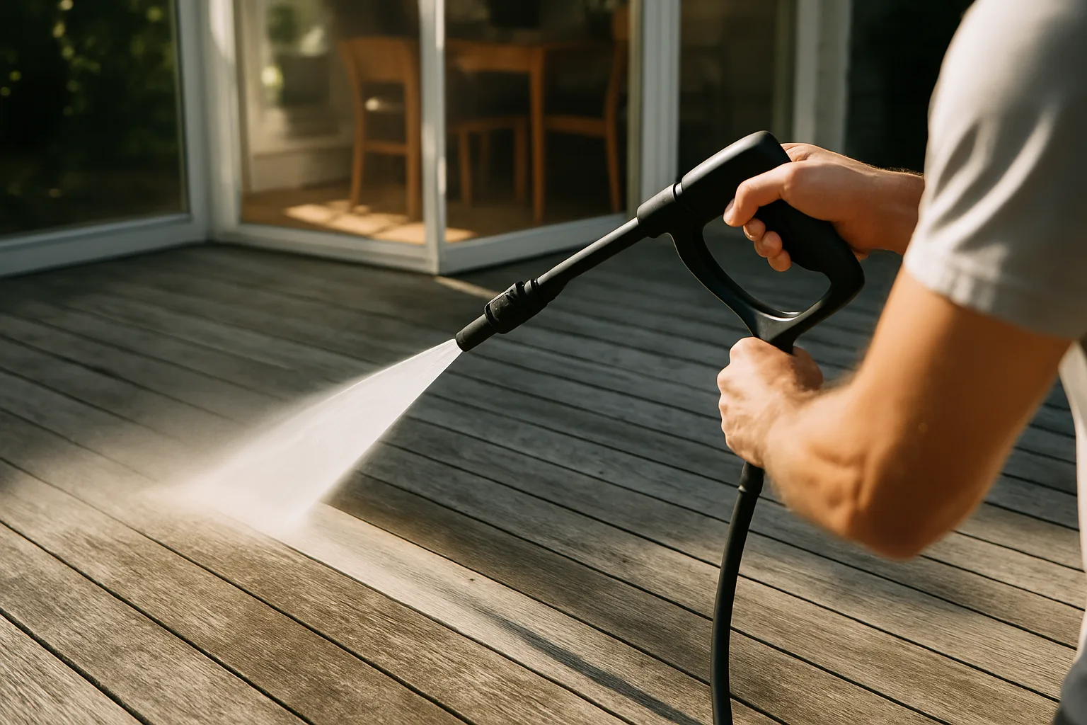 Pressure washer wand spraying a fan of water across a weathered gray wood deck