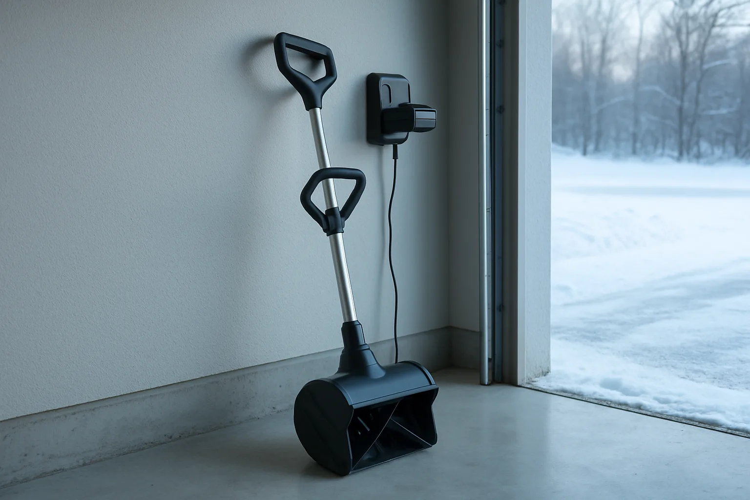 Cordless snow shovel leaning against a garage wall beside a wall-mounted battery charger, with a snowy driveway visible through the open garage door