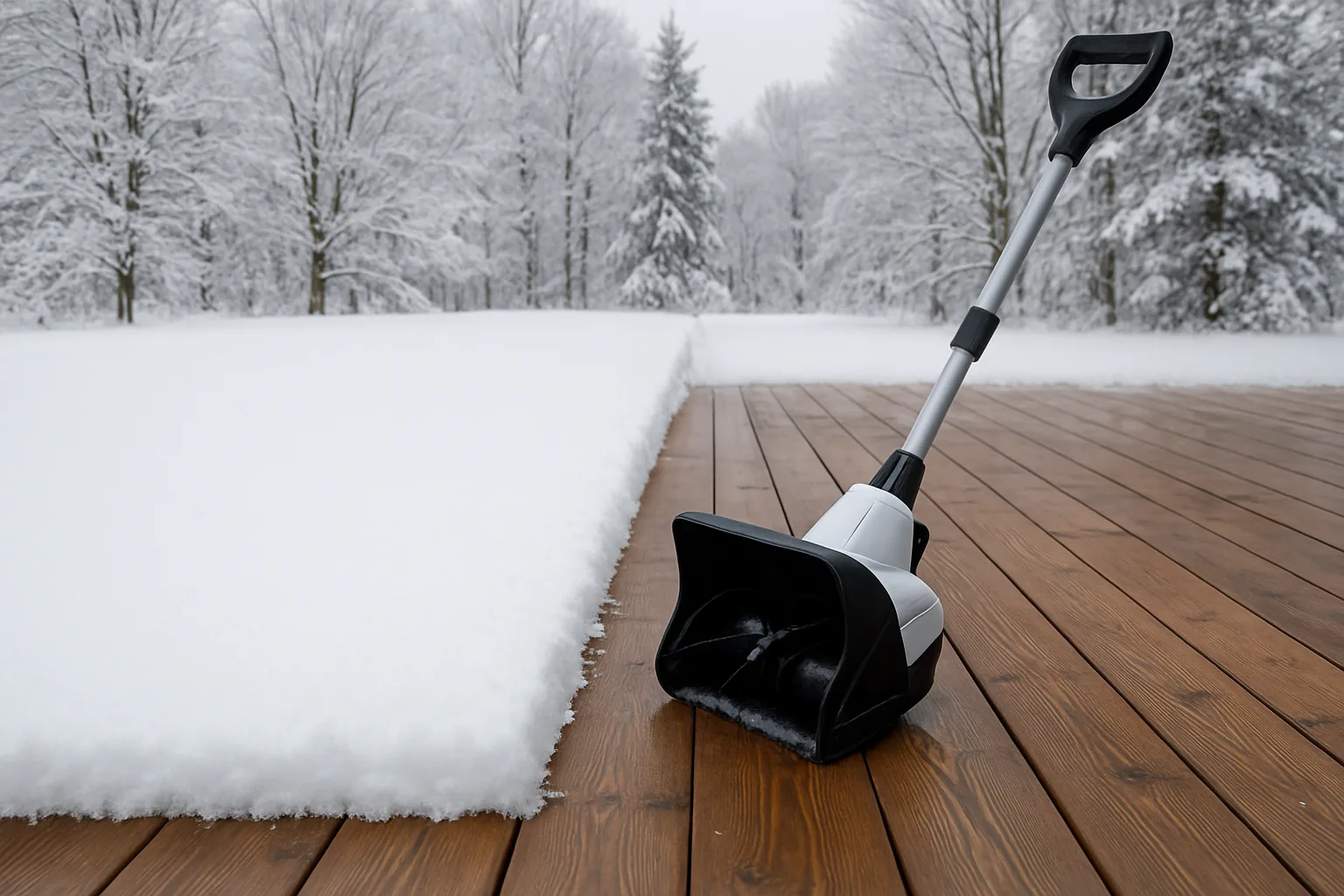 Wooden deck half cleared of fresh snow with a crisp edge, a cordless snow shovel resting at the line between cleared and uncleared boards