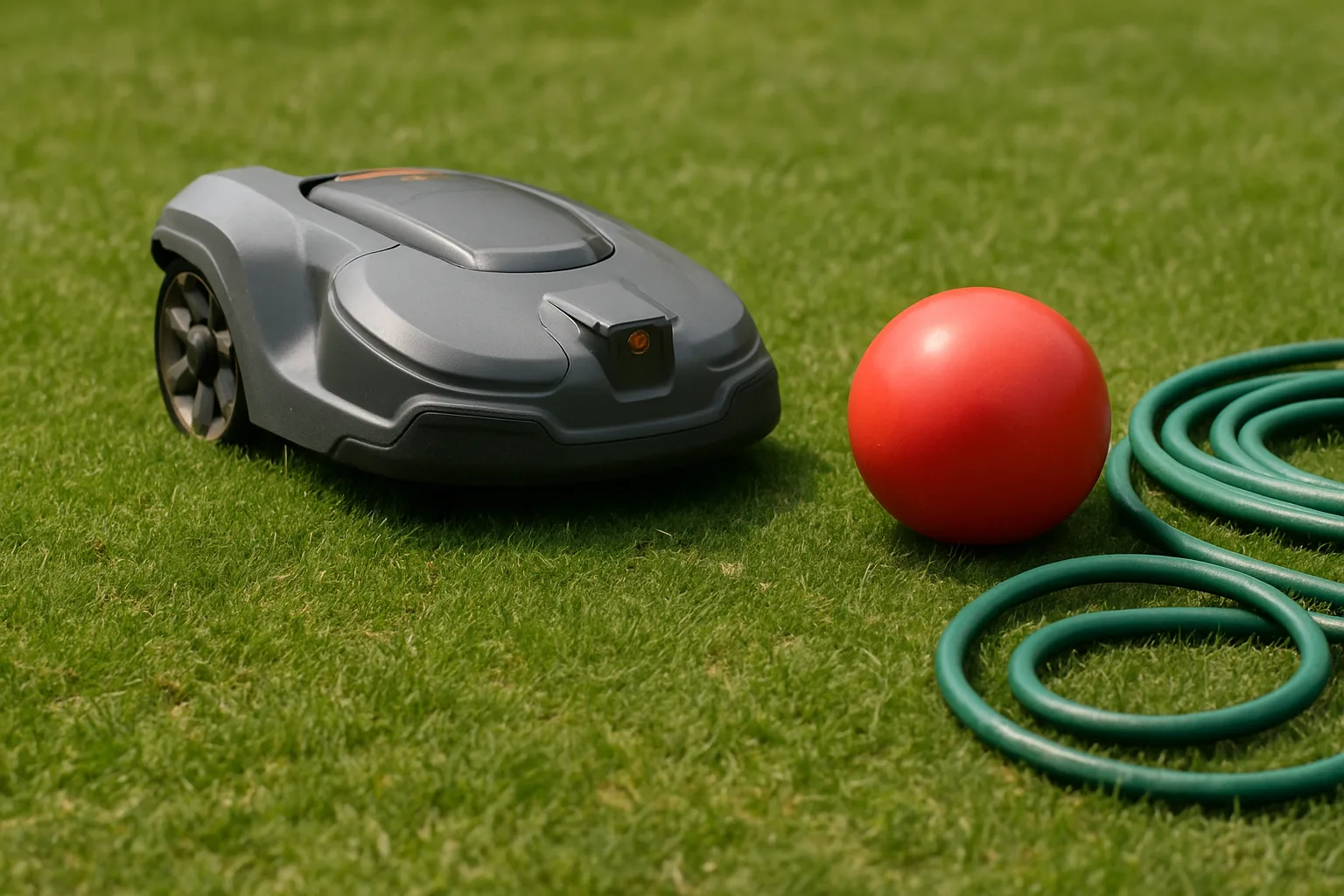 Small grey robot lawn mower stopping in front of a red ball and a coiled garden hose on the lawn