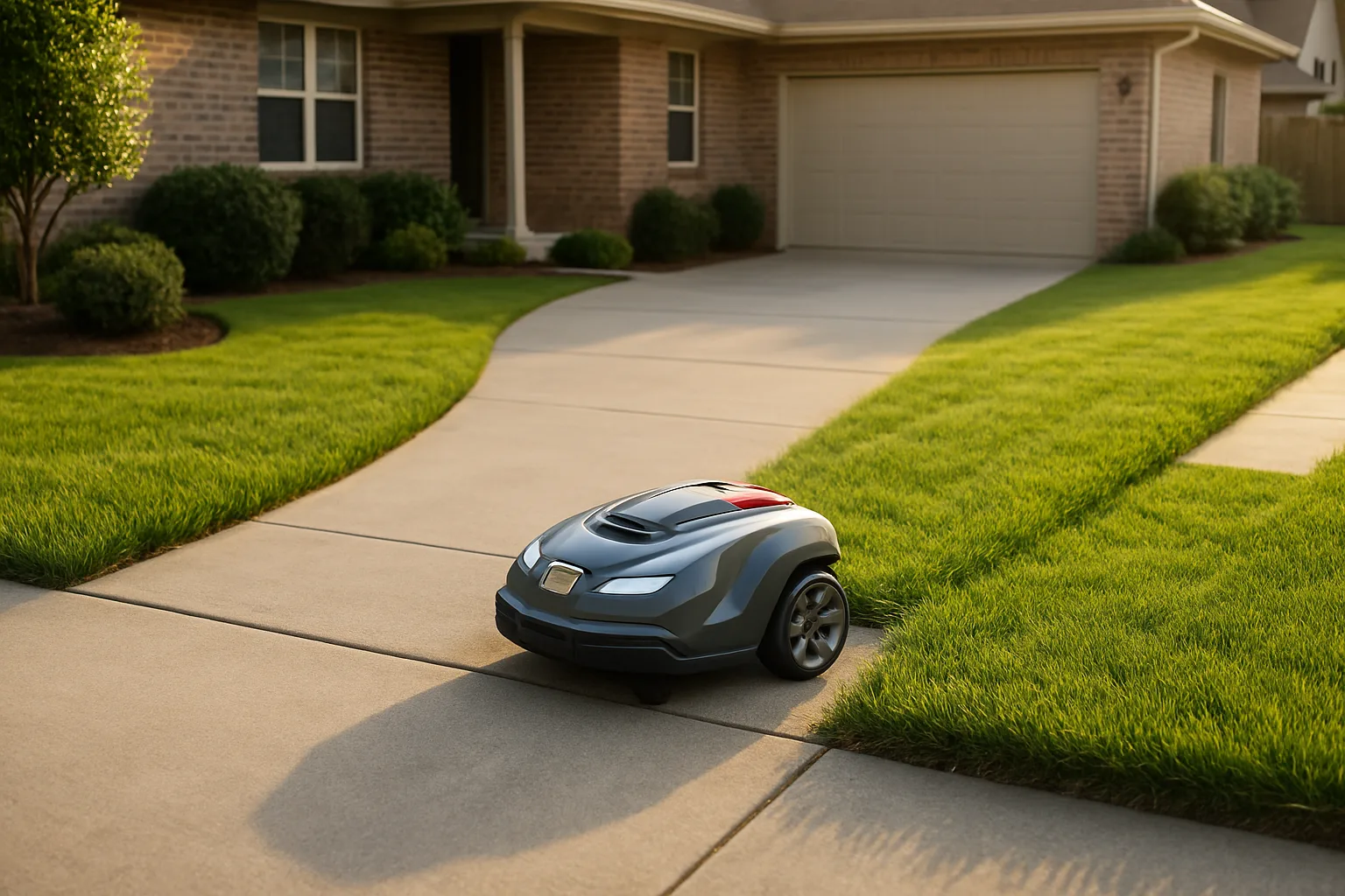 Small grey robot mower crossing a concrete driveway between two sections of lawn
