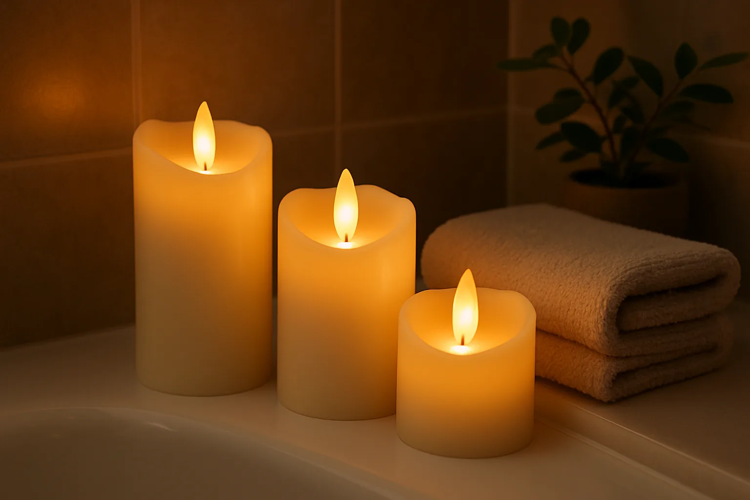 Three ivory flameless LED pillar candles with melted tops glowing on a bathtub ledge beside a folded towel