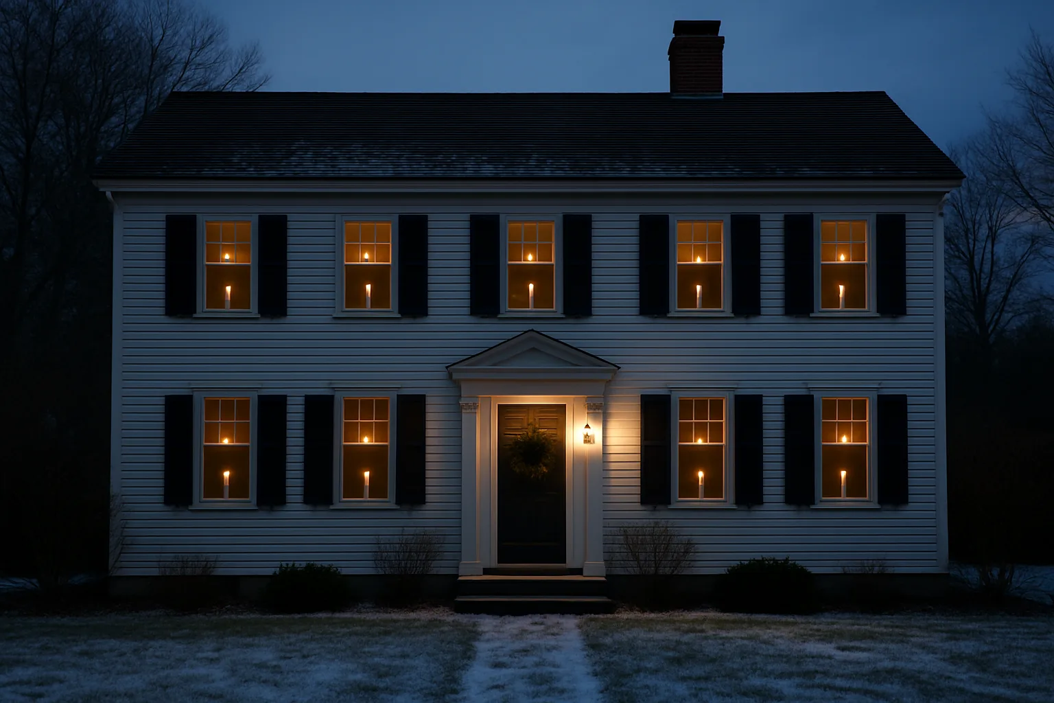 White colonial house at dusk with a glowing electric taper candle in every window and a wreath on the door