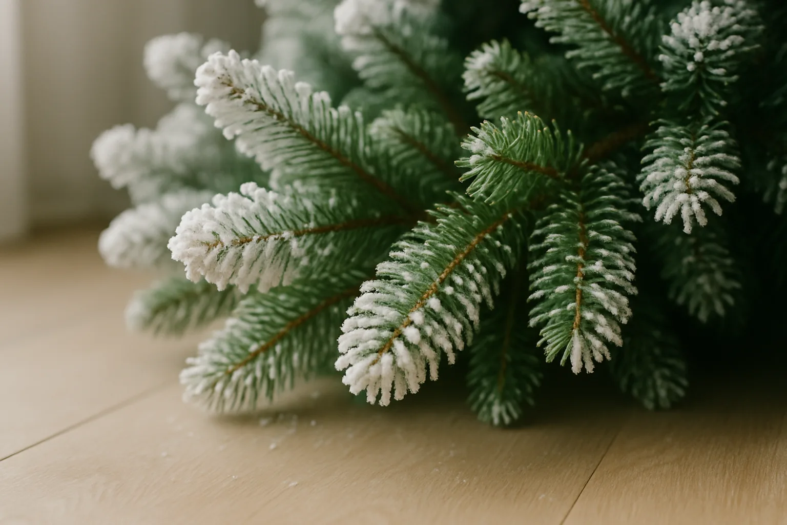 Close-up of lightly flocked artificial fir branches with white flocking concentrated on the outer tips and green showing underneath